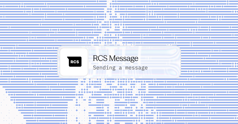 An RCS message bubble reading 'Sending a message' on a field of blue dots