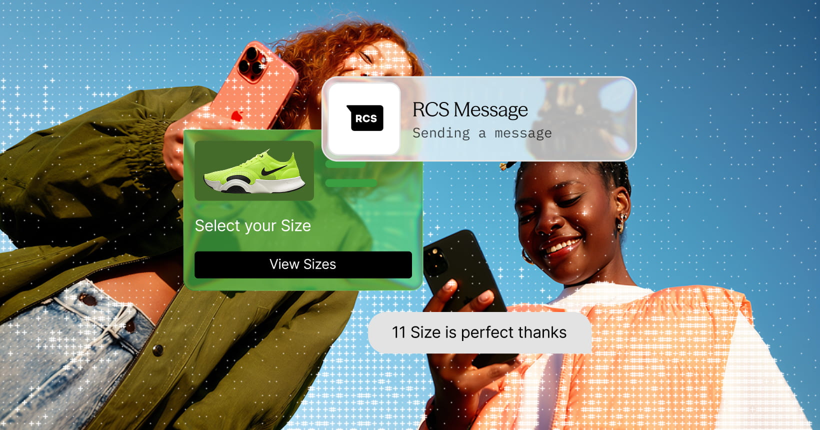Two people smiling at their phones, with an RCS message showing a trainer, a View Sizes button and a customer reply choosing size 11